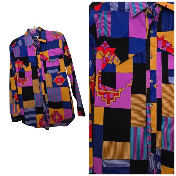 VTG Wrangler Brushpopper Western hirt Mens 15.5-34 Aztec Geometric 3CSUS314B